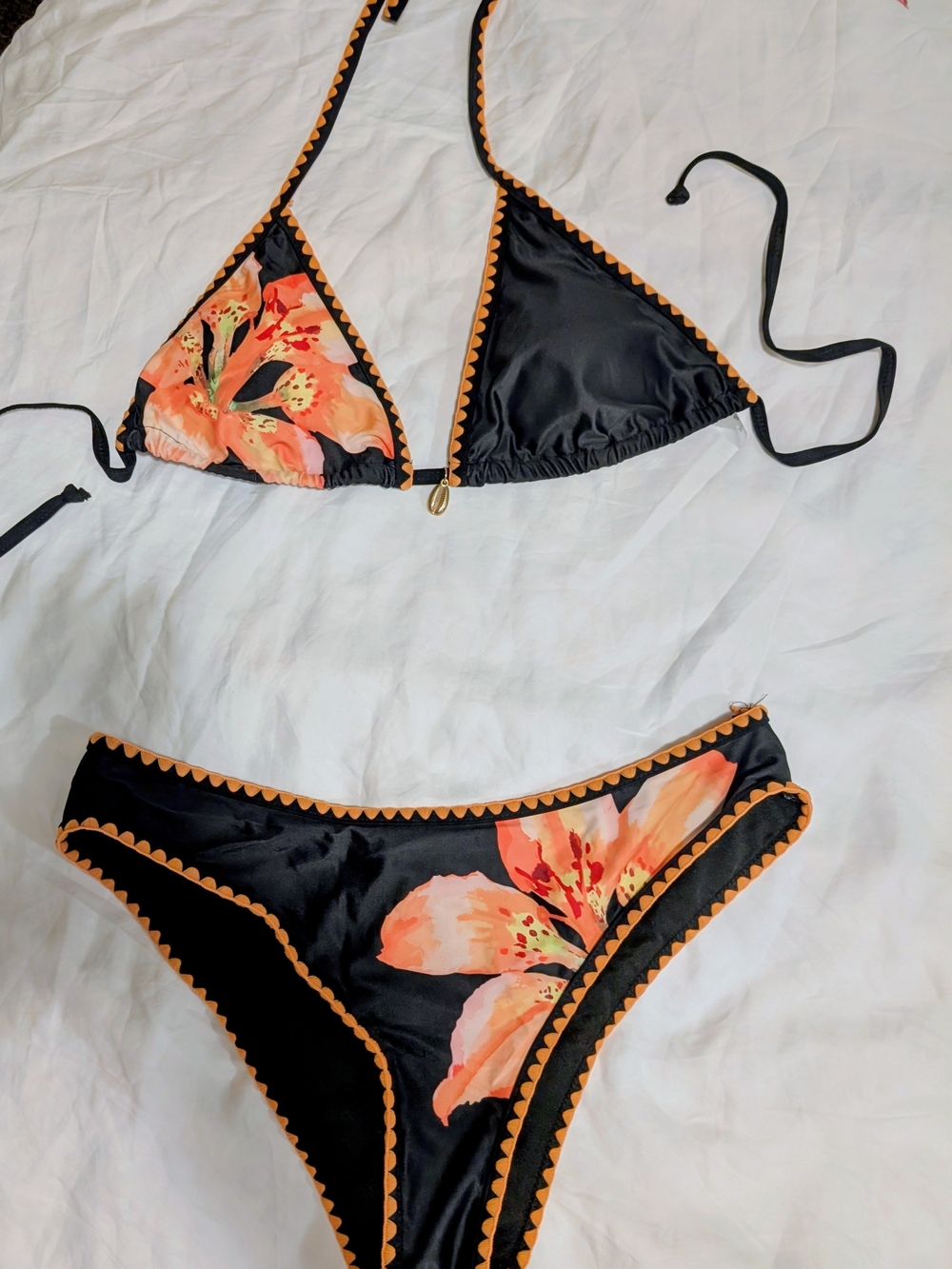 Black Floral Triangle Bikini Set with Orange Trim